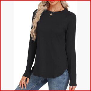 Long Sleeve Tunic Top Loose Fit Crew Neck Curved Hem Fall Winter